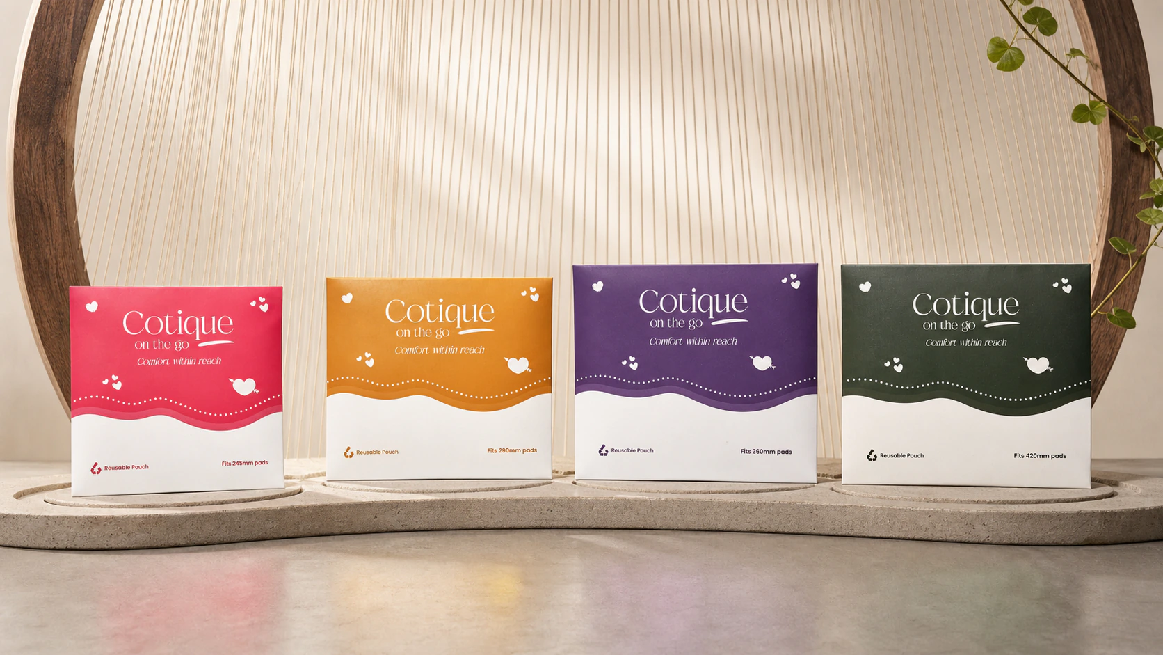The four colour-coded Cotique reusable pouches arranged together