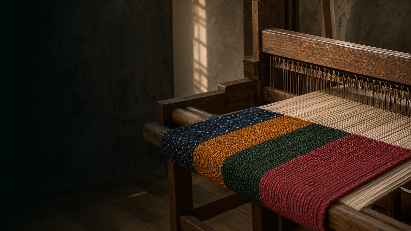 A wooden loom weaving forest, indigo, amber and roselle cotton