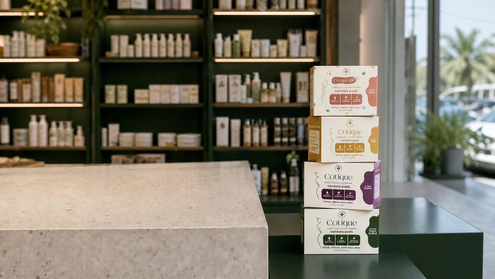 The four Cotique packs photographed as one stack inside a modern pharmacy
