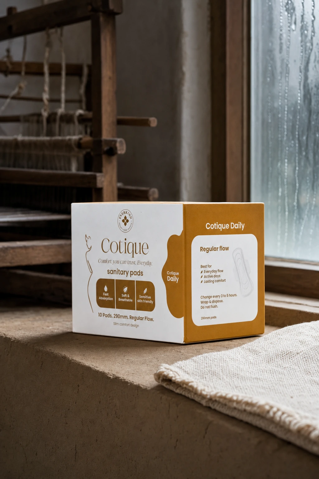 Cotique Daily and its matching pouch in a rain-washed loom house