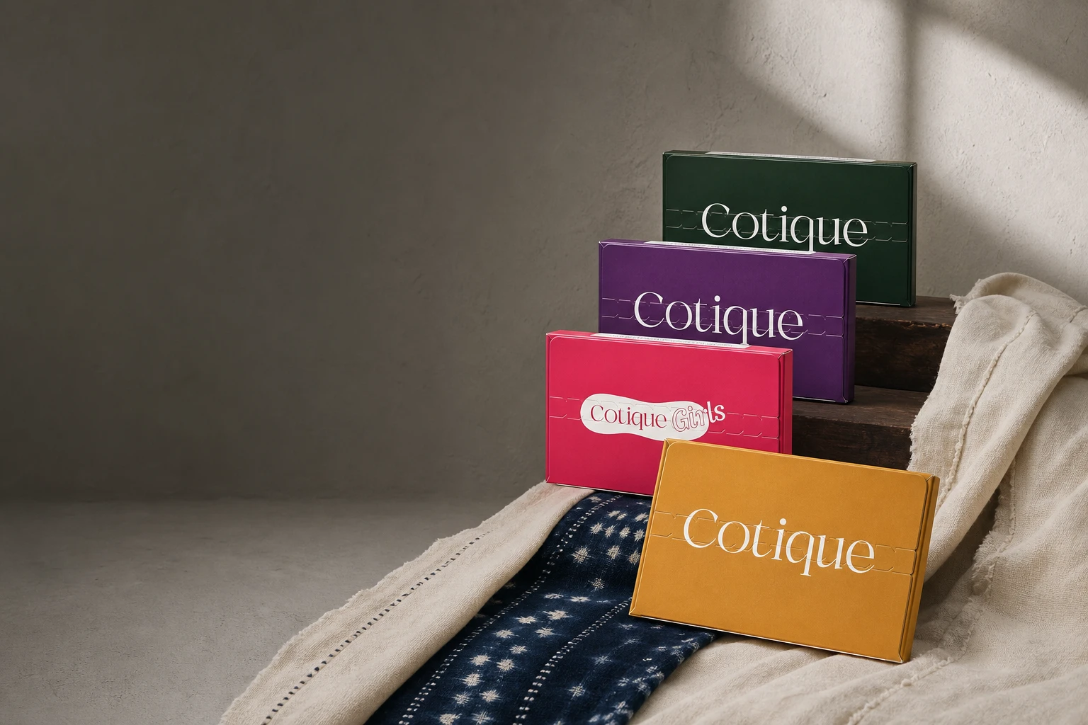 The four Cotique pack tops arranged with stitched cotton and adire cloth